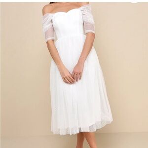 Lulu's Elegant White Off-Shoulder Midi Dress